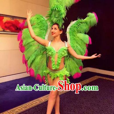 Top Grade Professional Performance Catwalks Bikini Swimsuit with Wings, Traditional Brazilian Rio Carnival Samba Modern Fancywork Green Feather Clothing for Women