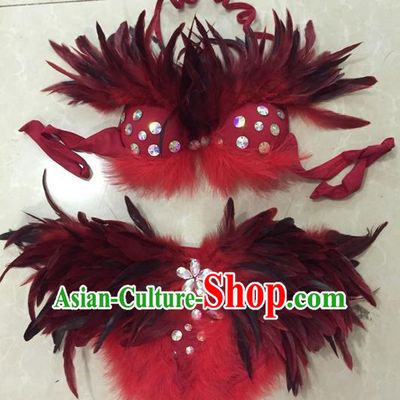 Top Grade Professional Performance Catwalks Bikini Swimsuit, Traditional Brazilian Rio Carnival Samba Modern Fancywork Red Feather Clothing for Women