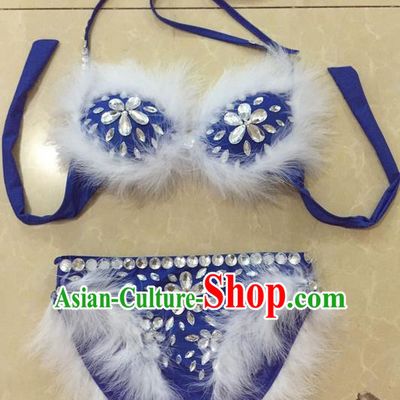 Top Grade Professional Performance Catwalks Bikini Swimsuit, Traditional Brazilian Rio Carnival Samba Modern Fancywork Blue Feather Clothing for Women
