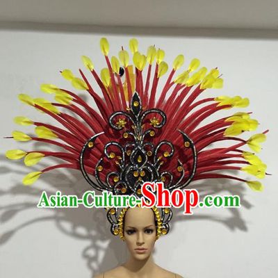 Top Grade Professional Stage Show Halloween Crystal Giant Headpiece Feather Hat, Brazilian Rio Carnival Samba Opening Dance Imperial Empress Hair Accessories Headwear for Women