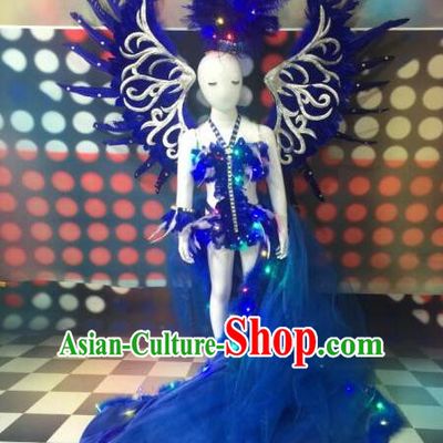 Top Grade Professional Performance Catwalks Bikini Costume and Headpiece, Traditional Brazilian Rio Carnival Samba Modern Fancywork Blue Feather Swimsuit for Kids