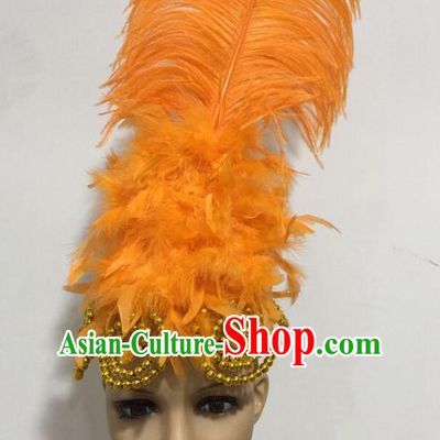 Top Grade Professional Stage Show Giant Headpiece Parade Hair Accessories, Brazilian Rio Carnival Samba Opening Dance Imperial Empress Orange Feather Headwear for Women