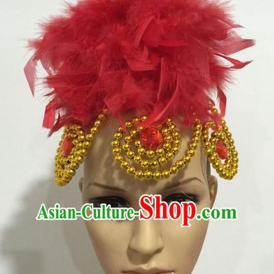 Top Grade Professional Stage Show Giant Headpiece Parade Hair Accessories, Brazilian Rio Carnival Samba Opening Dance Imperial Empress Red Feather Headwear for Women
