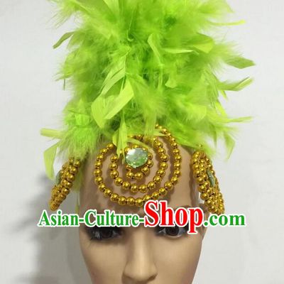 Top Grade Professional Stage Show Giant Headpiece Parade Hair Accessories, Brazilian Rio Carnival Samba Opening Dance Imperial Empress Green Feather Headwear for Women