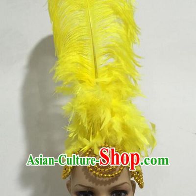 Top Grade Professional Stage Show Giant Headpiece Parade Hair Accessories, Brazilian Rio Carnival Samba Opening Dance Imperial Empress Yellow Feather Headwear for Women