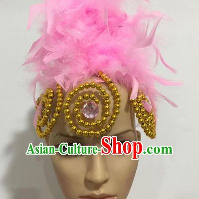 Top Grade Professional Stage Show Giant Headpiece Parade Hair Accessories, Brazilian Rio Carnival Samba Opening Dance Imperial Empress Pink Feather Headwear for Women