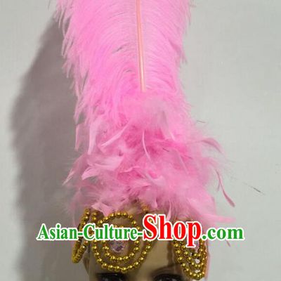 Top Grade Professional Stage Show Giant Headpiece Parade Hair Accessories, Brazilian Rio Carnival Samba Opening Dance Imperial Empress Pink Feather Headwear for Women