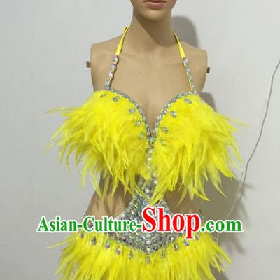 Top Grade Professional Performance Catwalks Swimsuit Costumes, Traditional Brazilian Rio Carnival Samba Suits Modern Fancywork Yellow Feather Bikini for Women