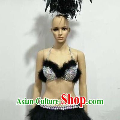Top Grade Professional Performance Catwalks Swimsuit Costume and Headpiece, Traditional Brazilian Rio Carnival Samba Suits Modern Fancywork Black Feather Bikini for Women
