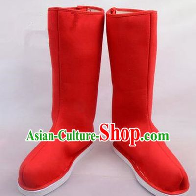 Chinese Ancient Peking Opera Officer Embroidered Court High Leg Boots, Traditional China Beijing Opera Red Cloth Shoes