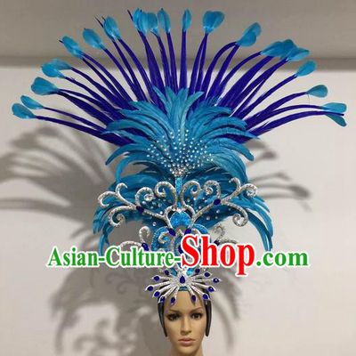 Top Grade Professional Stage Show Halloween Giant Headpiece Blue Feather Hat, Brazilian Rio Carnival Samba Opening Dance Imperial Empress Hair Accessories Headwear for Women