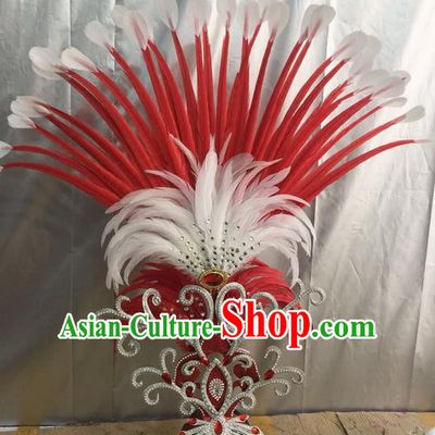 Top Grade Professional Stage Show Halloween Giant Headpiece Red Feather Hat, Brazilian Rio Carnival Samba Opening Dance Imperial Empress Hair Accessories Headwear for Women