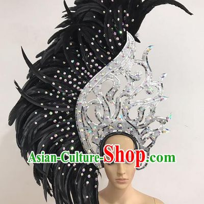 Top Grade Professional Stage Show Giant Headpiece Black Feather Hair Accessories Decorations, Brazilian Rio Carnival Samba Opening Dance Headwear for Women