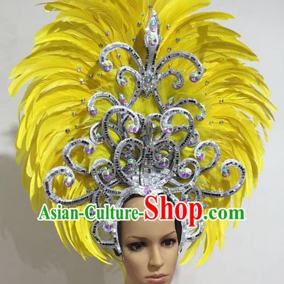 Top Grade Professional Stage Show Giant Headpiece Yellow Feather Hair Accessories Decorations, Brazilian Rio Carnival Samba Opening Dance Headwear for Women