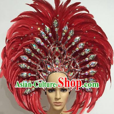 Top Grade Professional Stage Show Giant Headpiece Red Crystal Feather Hair Accessories Decorations, Brazilian Rio Carnival Samba Opening Dance Headwear for Women