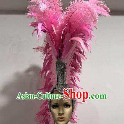 Top Grade Professional Stage Show Giant Headpiece Pink Feather Hair Accessories Decorations, Brazilian Rio Carnival Samba Opening Dance Soldier Helmet Headwear for Women