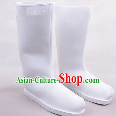 Chinese Ancient Peking Opera Officer Embroidered Court High Leg Boots, Traditional China Beijing Opera White Cloth Shoes