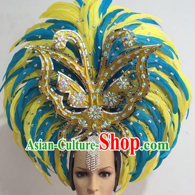 Top Grade Professional Stage Show Giant Headpiece Crystal Butterfly Feather Hair Accessories Decorations, Brazilian Rio Carnival Samba Opening Dance Headwear for Women