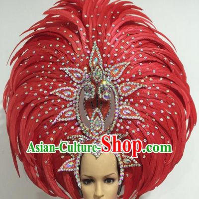 Top Grade Professional Stage Show Giant Headpiece Crystal Red Feather Hair Accessories Decorations, Brazilian Rio Carnival Samba Opening Dance Headwear for Women