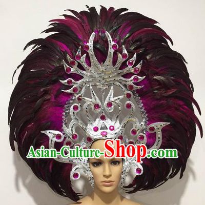 Top Grade Professional Stage Show Halloween Giant Headpiece Feather Hat, Brazilian Rio Carnival Samba Opening Dance Imperial Empress Hair Accessories Headwear for Women
