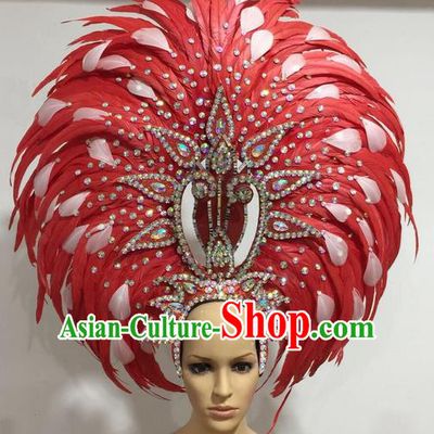 Top Grade Professional Stage Show Giant Headpiece Crystal Red and White Feather Hair Accessories Decorations, Brazilian Rio Carnival Samba Opening Dance Headwear for Women