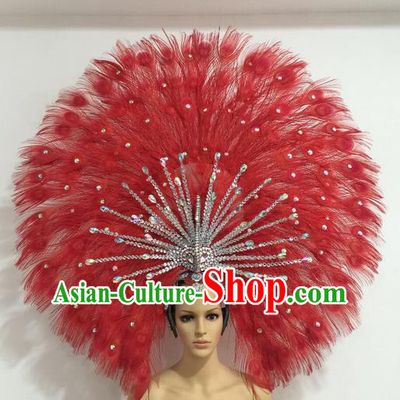 Top Grade Professional Stage Show Giant Headpiece Red Feather Big Hair Accessories Decorations, Brazilian Rio Carnival Samba Opening Dance Headwear for Women