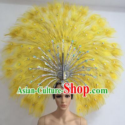 Top Grade Professional Stage Show Giant Headpiece Yellow Feather Big Hair Accessories Decorations, Brazilian Rio Carnival Samba Opening Dance Headwear for Women