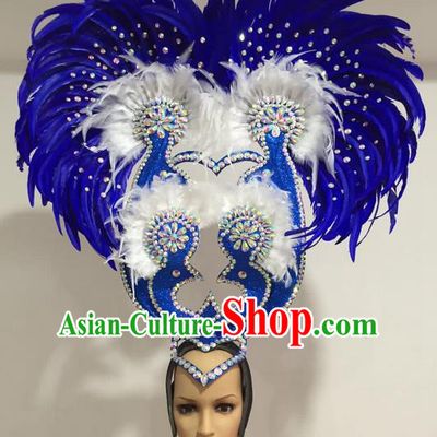 Top Grade Professional Stage Show Giant Headpiece Blue Feather Big Hair Accessories Decorations, Brazilian Rio Carnival Samba Opening Dance Headwear for Women