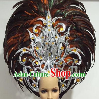 Top Grade Professional Stage Show Giant Headpiece Orange Feather Big Hair Accessories Decorations, Brazilian Rio Carnival Samba Opening Dance Headwear for Women