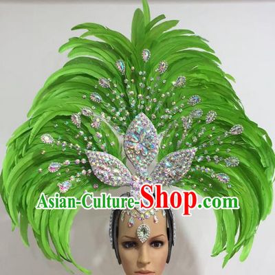 Top Grade Professional Stage Show Giant Headpiece Crystal Green Feather Hair Accessories Decorations, Brazilian Rio Carnival Samba Opening Dance Headwear for Women