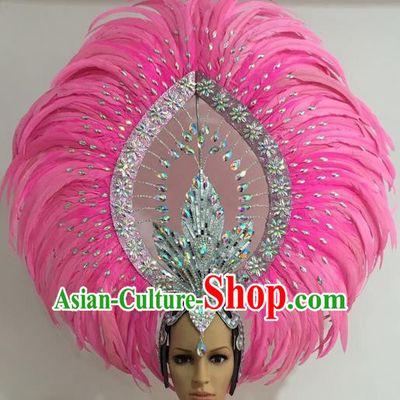 Top Grade Professional Stage Show Giant Headpiece Parade Giant Pink Feather Crystal Hair Accessories Decorations, Brazilian Rio Carnival Samba Opening Dance Headwear for Women