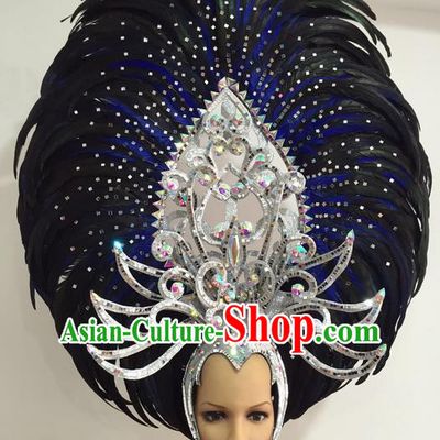 Top Grade Professional Stage Show Giant Headpiece Parade Giant Crystal Hair Accessories Blue Feather Queen Decorations, Brazilian Rio Carnival Samba Opening Dance Headwear for Women