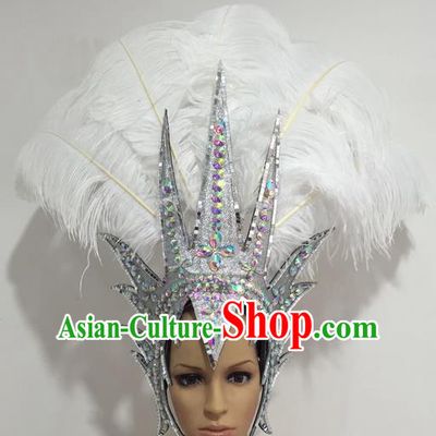 Top Grade Professional Stage Show Giant Headpiece Crystal White Royal Crown Feather Hair Accessories Decorations, Brazilian Rio Carnival Samba Opening Dance Headwear for Women