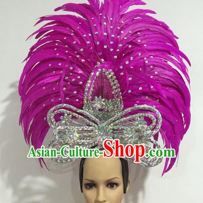 Top Grade Professional Stage Show Giant Headpiece Parade Giant Crystal Hair Accessories Rosy Feather Queen Decorations, Brazilian Rio Carnival Samba Opening Dance Headwear for Women