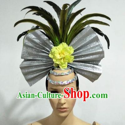 Top Grade Professional Stage Show Giant Headpiece Parade Giant Hair Accessories Feather Decorations, Brazilian Rio Carnival Samba Opening Dance Headwear for Women