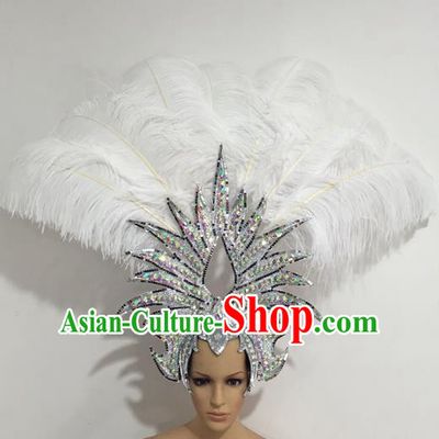 Top Grade Professional Stage Show Giant Headpiece Crystal White Feather Hair Accessories Decorations, Brazilian Rio Carnival Samba Opening Dance Headwear for Women