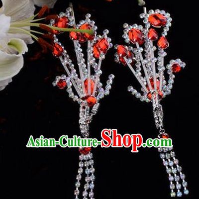 Chinese Ancient Peking Opera Hair Accessories Young Lady Diva Red Tassel Phoenix Hairpins, Traditional Chinese Beijing Opera Hua Tan Colorful Crystal Head Ornaments