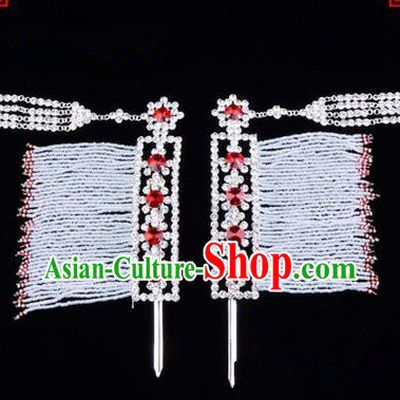 Chinese Ancient Peking Opera Hair Accessories Young Lady Diva Crystal Hairpins Red Temples Curtain, Traditional Chinese Beijing Opera Hua Tan Head Ornaments