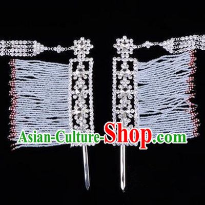 Chinese Ancient Peking Opera Hair Accessories Young Lady Diva Crystal Hairpins White Temples Curtain, Traditional Chinese Beijing Opera Hua Tan Head Ornaments