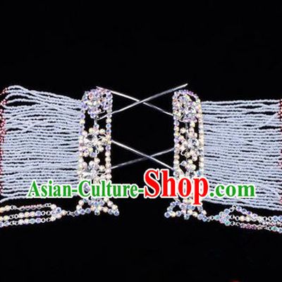 Chinese Ancient Peking Opera Hair Accessories Young Lady Diva Colorful Crystal Hairpins White Temples Curtain, Traditional Chinese Beijing Opera Hua Tan Head Ornaments