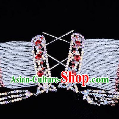 Chinese Ancient Peking Opera Hair Accessories Young Lady Diva Colorful Crystal Hairpins Red Temples Curtain, Traditional Chinese Beijing Opera Hua Tan Head Ornaments