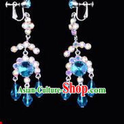Chinese Ancient Peking Opera Head Accessories Young Lady Diva Colorful Crystal Blue Earring, Traditional Chinese Beijing Opera Hua Tan Eardrop