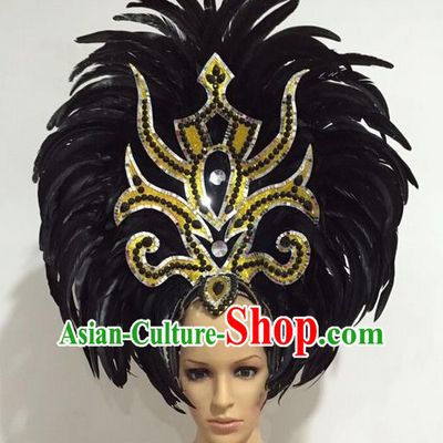 Top Grade Professional Stage Show Giant Headpiece Black Feather Big Hair Accessories Decorations, Brazilian Rio Carnival Samba Opening Dance Headwear for Women