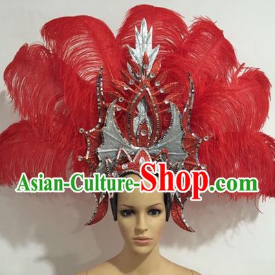 Top Grade Professional Stage Show Giant Headpiece Red Feather Big Hair Accessories Decorations, Brazilian Rio Carnival Samba Opening Dance Headwear for Women