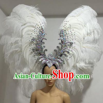 Top Grade Professional Stage Show Giant Headpiece White Feather Big Hair Accessories Decorations, Brazilian Rio Carnival Samba Opening Dance Headwear for Women