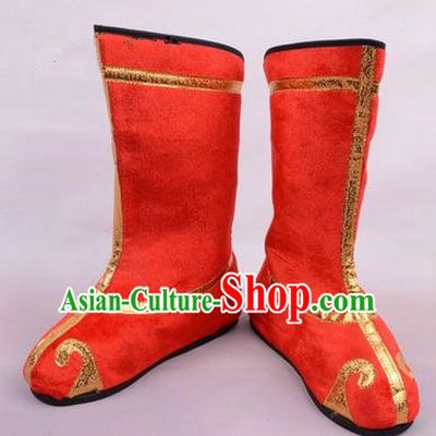 Chinese Ancient Peking Opera Martial Lady Swordplay Embroidered Boots, Traditional China Beijing Opera Dragon Dance Red Embroidered Shoes