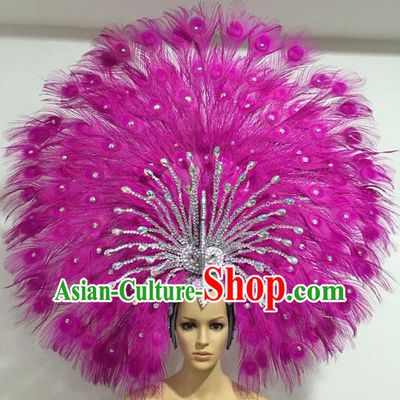 Top Grade Professional Stage Show Giant Headpiece Rosy Feather Big Hair Accessories Decorations, Brazilian Rio Carnival Samba Opening Dance Headwear for Women