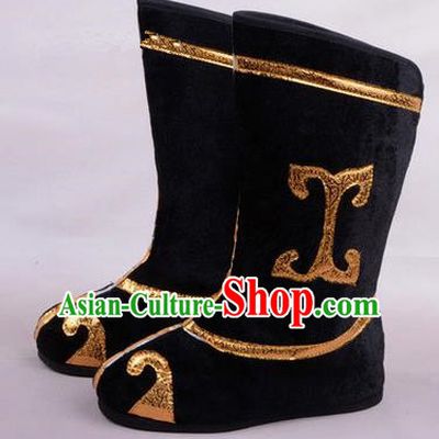 Chinese Ancient Peking Opera Martial Lady Swordplay Embroidered Boots, Traditional China Beijing Opera Dragon Dance Black Embroidered Shoes