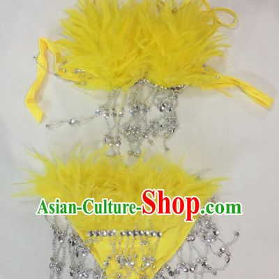Top Grade Professional Performance Catwalks Swimsuit Costumes, Traditional Brazilian Rio Carnival Samba Suits Modern Fancywork Yellow Feather Bikini for Women