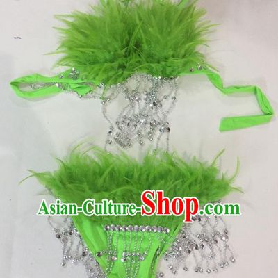 Top Grade Professional Performance Catwalks Swimsuit Costumes, Traditional Brazilian Rio Carnival Samba Suits Modern Fancywork Green Feather Bikini for Women